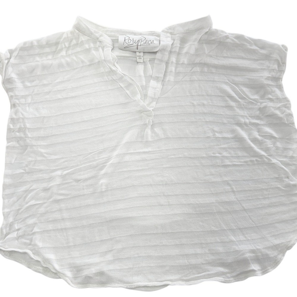 Rory Beca Blouse Womens Medium White Cap Sleeve Striped‎ Sheer V-Neck